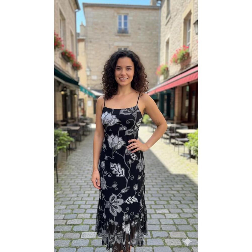 Vintage The Limited - Y2K Floral Slip Dress Black White Ruffle Midi - XS